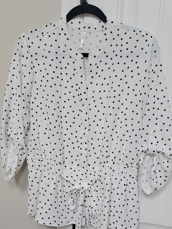 Tops - Polka Dot Drawstring Waist Blouse - White/Black